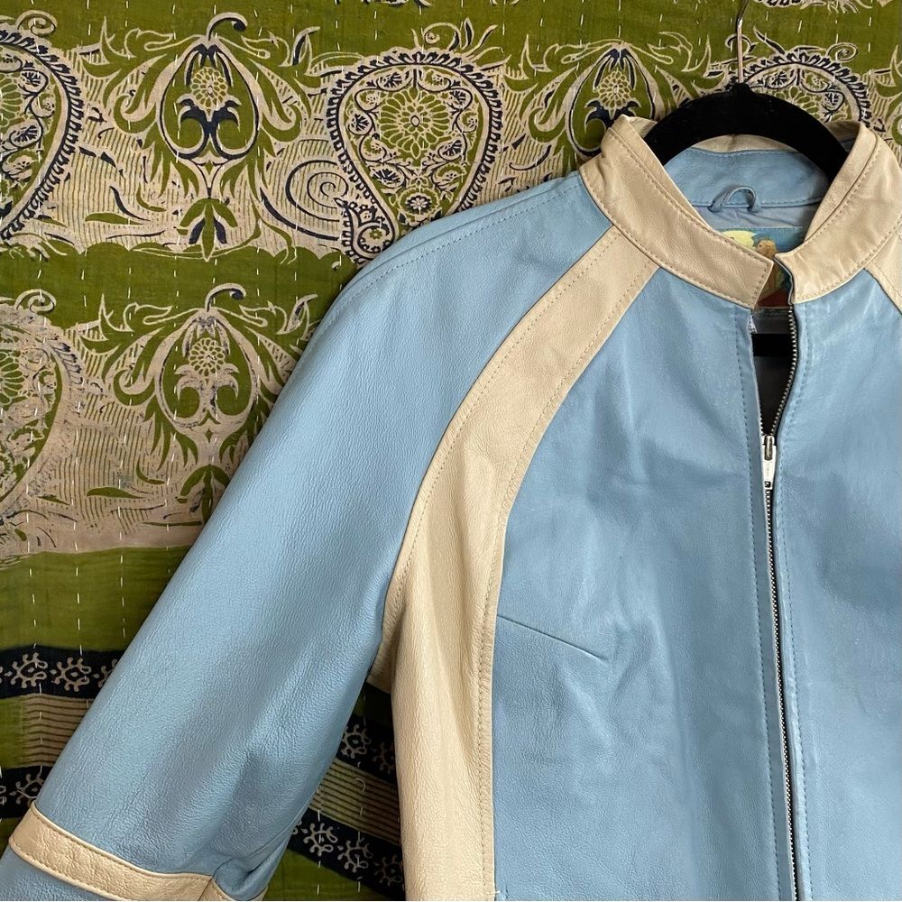 Rare VTG Y2K Wilsons Leather Baby Blue/ Cream Retro Moto Leather Jacket Large - Picture 6 of 8